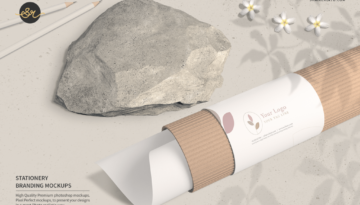 Realistic cardboard paper tube mockup with label. Paper tube branding mockup scene with stone and flowers. 3D rendering. 3D illustration.