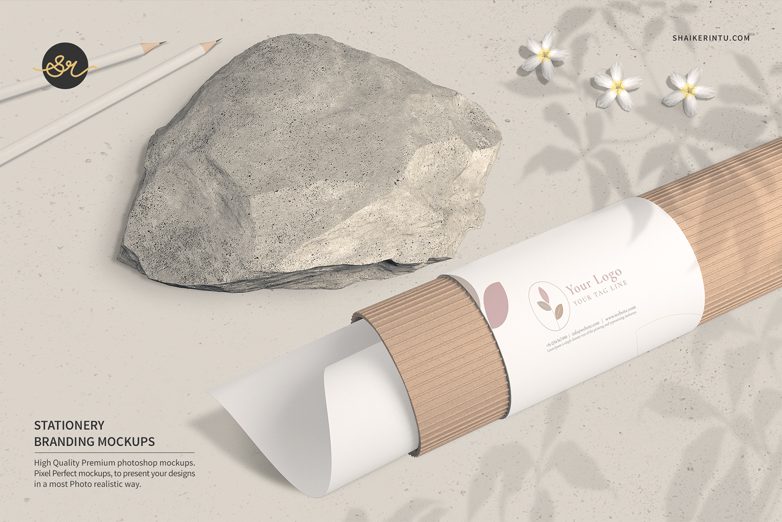 Realistic cardboard paper tube mockup with label. Paper tube branding mockup scene with stone and flowers. 3D rendering. 3D illustration.