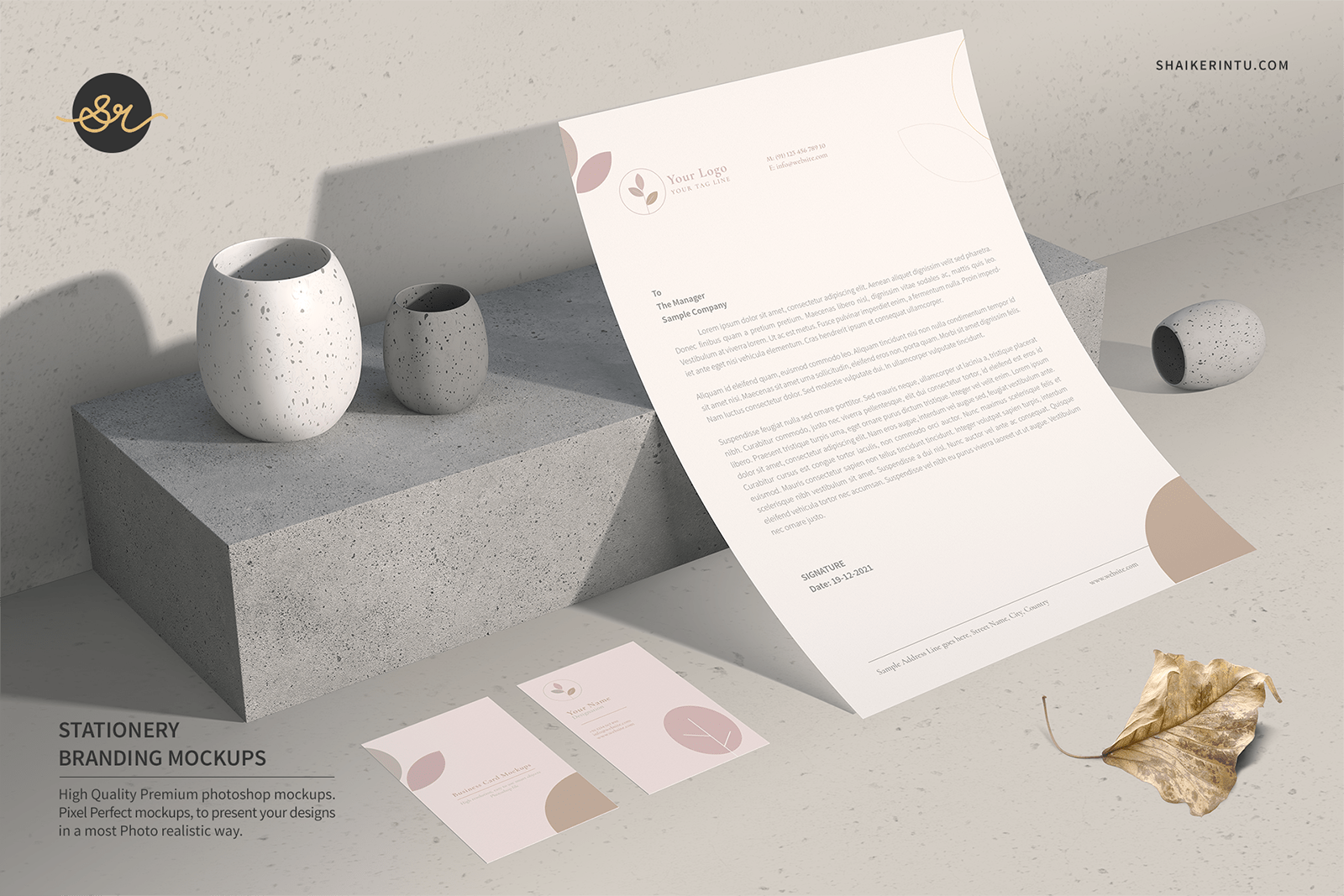 Blank Letterhead and business card branding identity mockup. Corporate stationery set on stone podium. 3D rendering. 3D illustration.