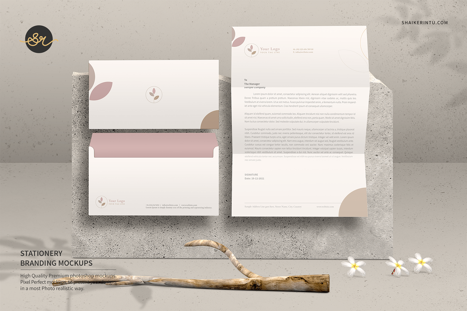 Envelope and letterhead mockup of natural background