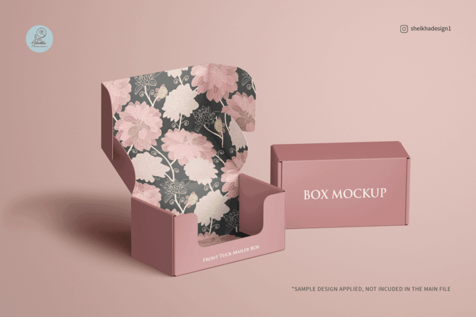 Front tuck mailing box mockup with open and closed views