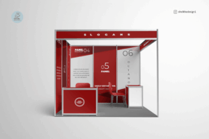 Octanorm corner tradeshow booth mockup with chairs and counter