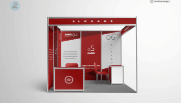 Octanorm corner tradeshow booth mockup with chairs and counter