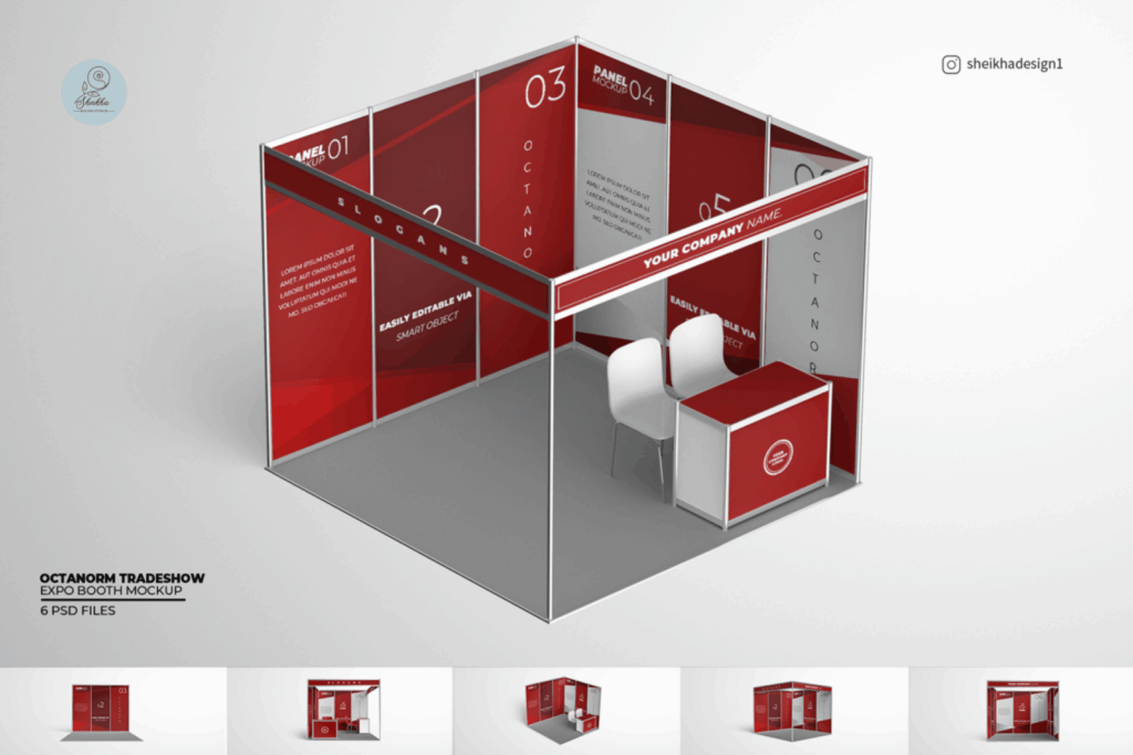 Octanorm corner tradeshow booth mockup with chairs and counter