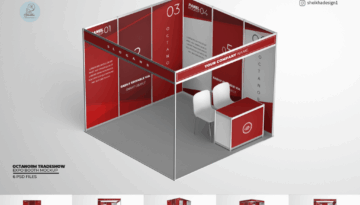 Octanorm corner tradeshow booth mockup with chairs and counter