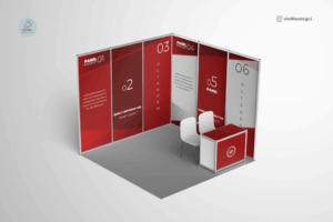 Octanorm L-shaped exhibition booth mockup with dual seating