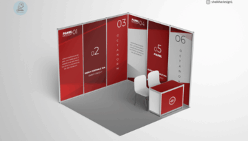 Octanorm L-shaped exhibition booth mockup with dual seating