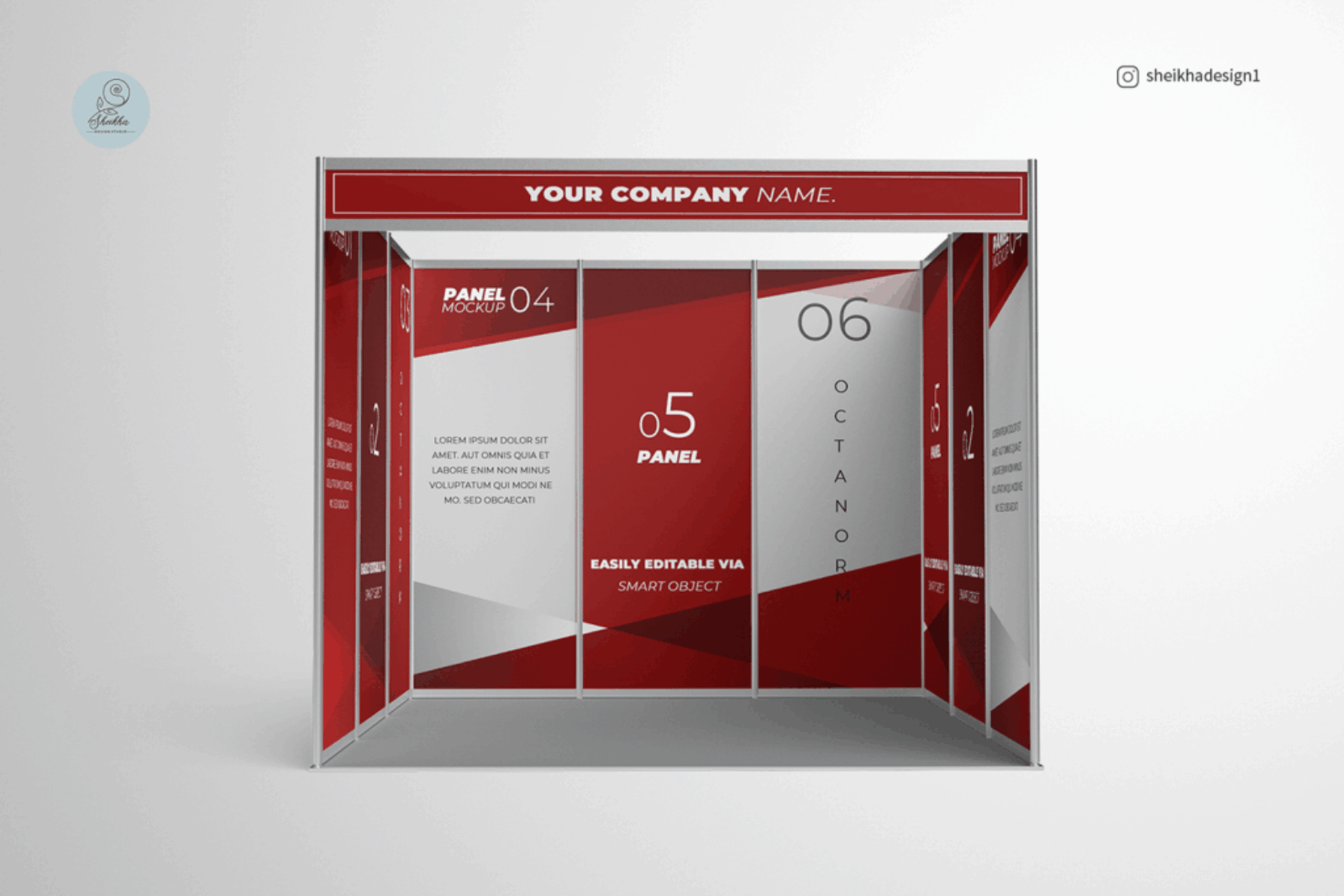 Octanorm front-view booth mockup with full panel branding