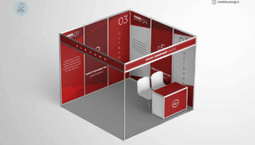 Octanorm corner tradeshow booth mockup with chairs and counter
