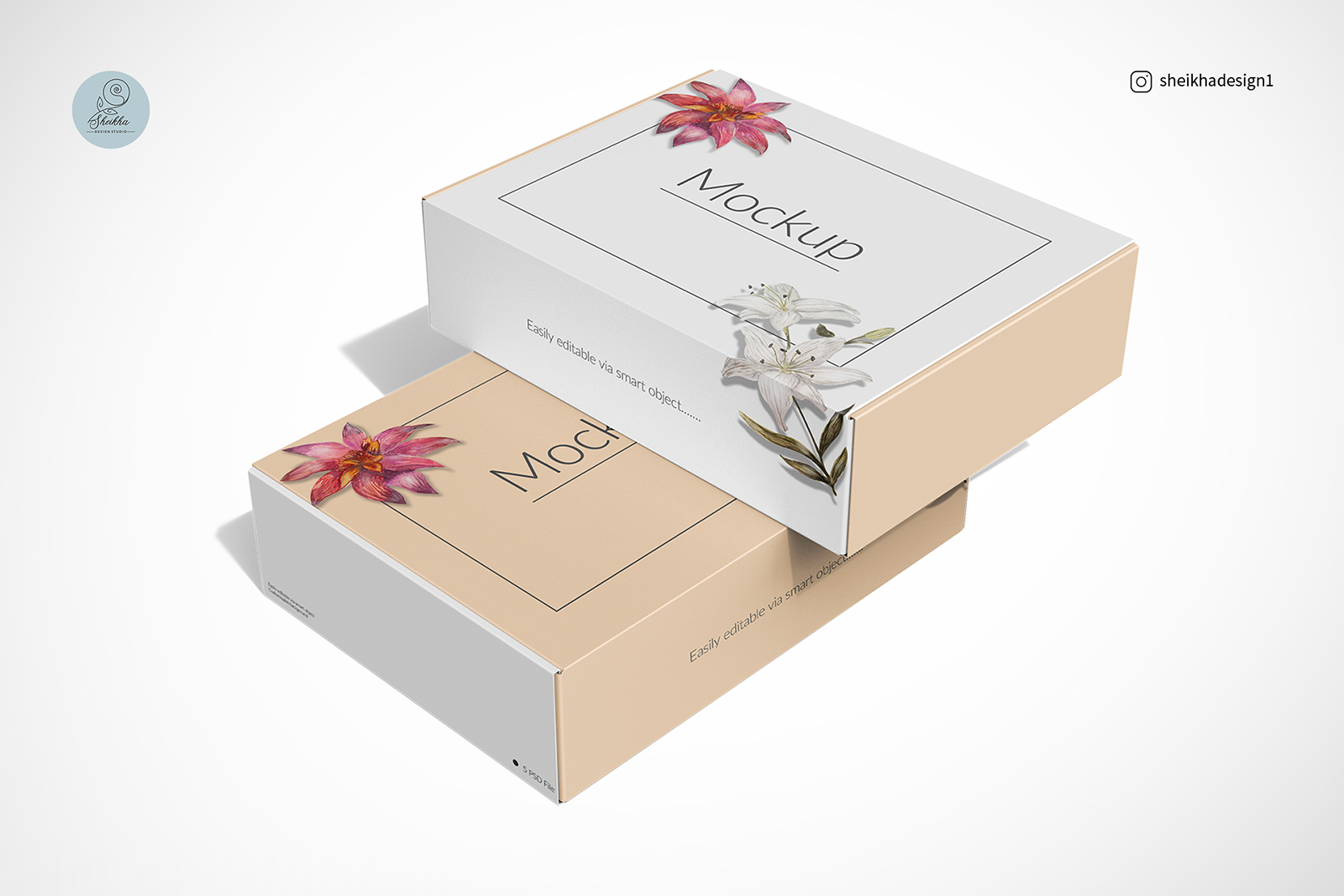 Stacked mailing box mockup showing multiple packaging designs